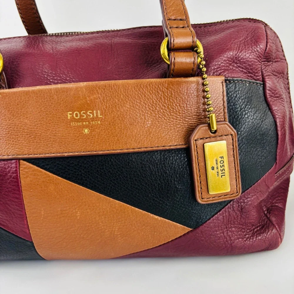 Fossil Burgundy Brown Leather Geometric‎ Patchwork Satchel Crossbody Bag